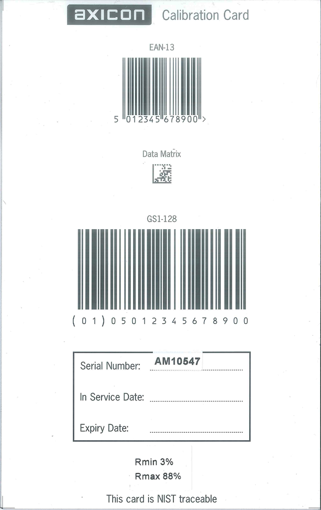 Axicon N.I.S.T. jäljitettävä kalibrointikortti